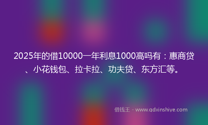 2025年的借10000一年利息1000高吗有：惠商贷、小花钱包、拉卡拉、功夫贷、东方汇等。