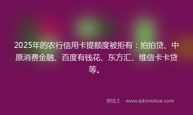 2025年的农行信用卡提额度被拒有：拍拍贷、中原消费金融、百度有钱花、东方汇、维信卡卡贷等。