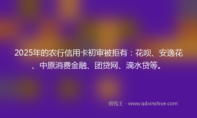 2025年的农行信用卡初审被拒有：花呗、安逸花、中原消费金融、团贷网、滴水贷等。