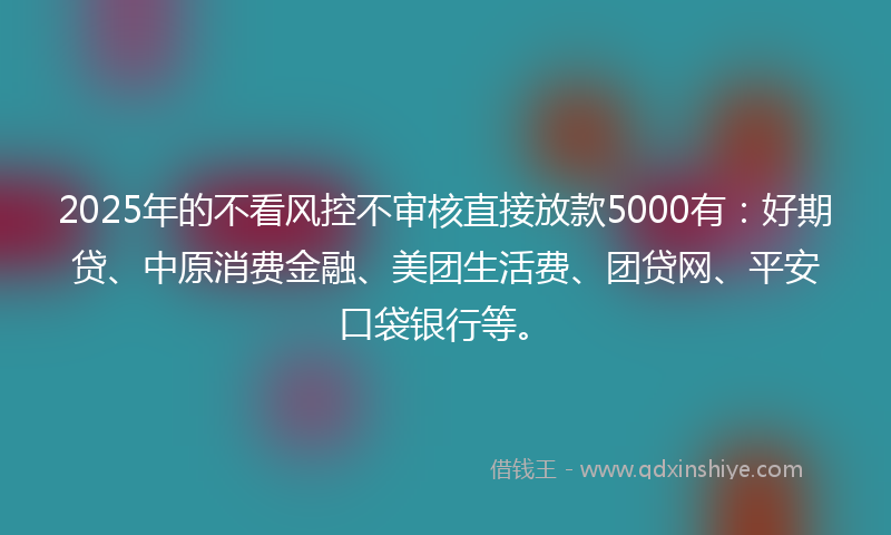2025年的不看风控不审核直接放款5000有：好期贷、中原消费金融、美团生活费、团贷网、平安口袋银行等。