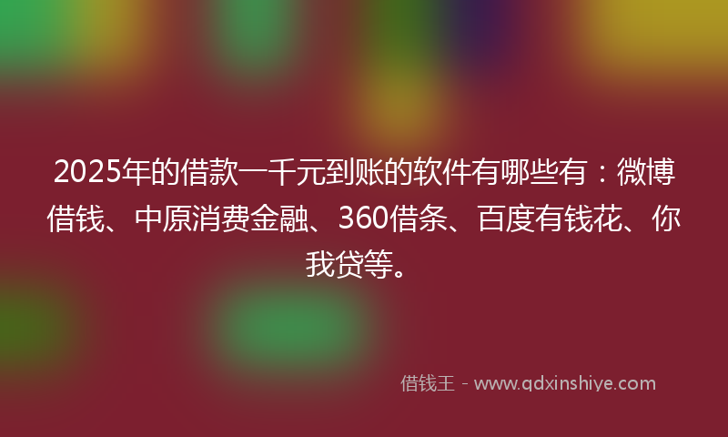 2025年的借款一千元到账的软件有哪些有：微博借钱、中原消费金融、360借条、百度有钱花、你我贷等。