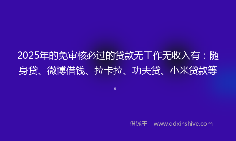 2025年的免审核必过的贷款无工作无收入有：随身贷、微博借钱、拉卡拉、功夫贷、小米贷款等。