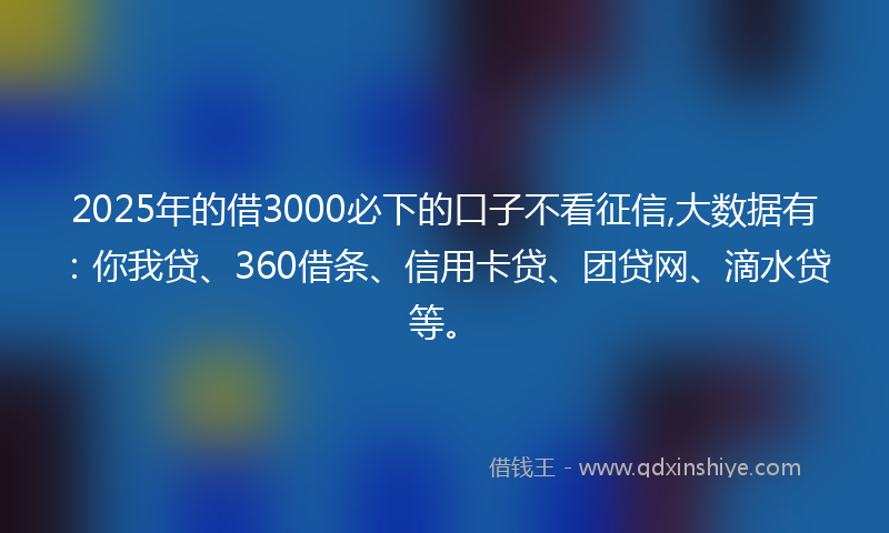 2025年的借3000必下的口子不看征信,大数据有：你我贷、360借条、信用卡贷、团贷网、滴水贷等。