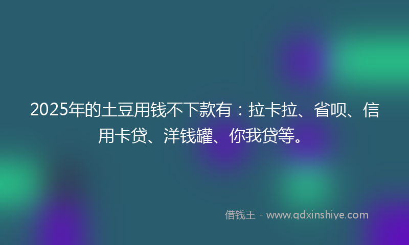 2025年的土豆用钱不下款有：拉卡拉、省呗、信用卡贷、洋钱罐、你我贷等。