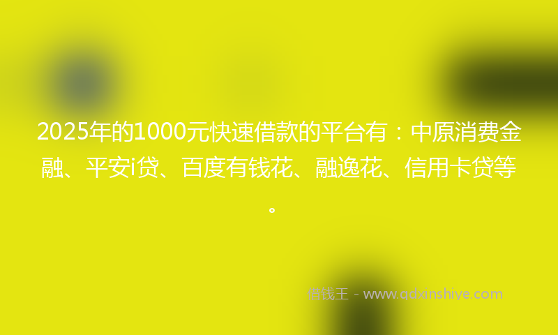2025年的1000元快速借款的平台有：中原消费金融、平安i贷、百度有钱花、融逸花、信用卡贷等。