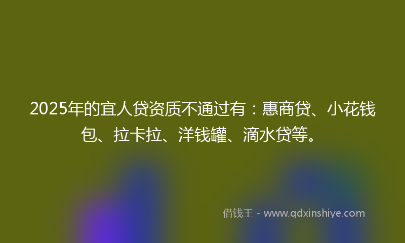2025年的宜人贷资质不通过有：惠商贷、小花钱包、拉卡拉、洋钱罐、滴水贷等。