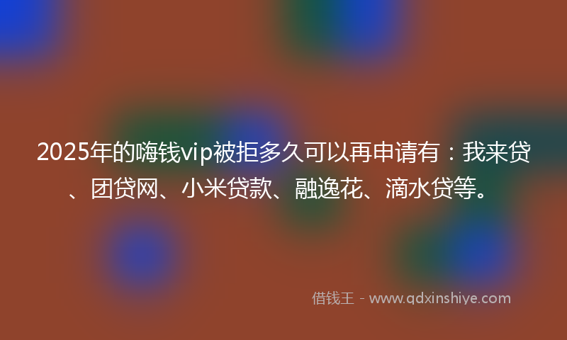 2025年的嗨钱vip被拒多久可以再申请有：我来贷、团贷网、小米贷款、融逸花、滴水贷等。