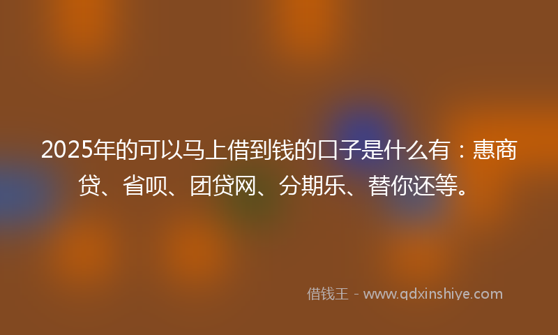 2025年的可以马上借到钱的口子是什么有：惠商贷、省呗、团贷网、分期乐、替你还等。