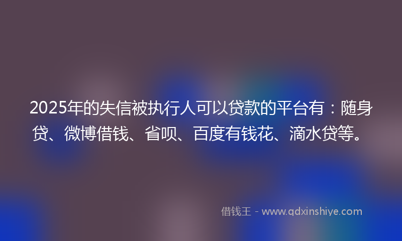 2025年的失信被执行人可以贷款的平台有：随身贷、微博借钱、省呗、百度有钱花、滴水贷等。