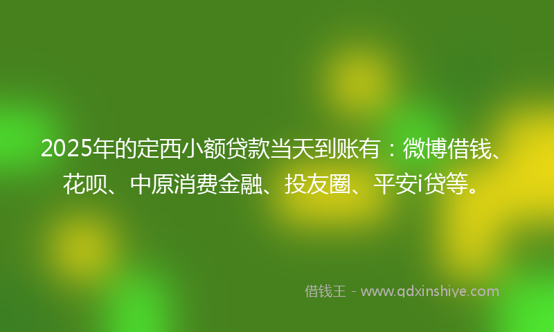 2025年的定西小额贷款当天到账有：微博借钱、花呗、中原消费金融、投友圈、平安i贷等。
