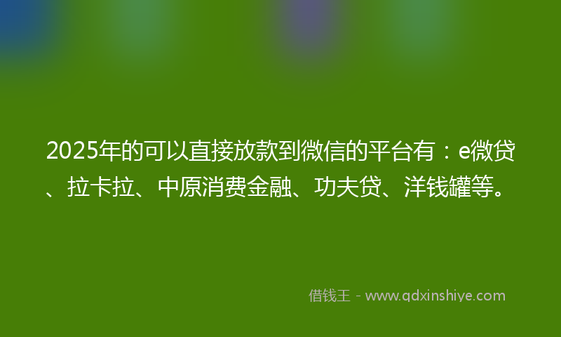 2025年的可以直接放款到微信的平台有：e微贷、拉卡拉、中原消费金融、功夫贷、洋钱罐等。