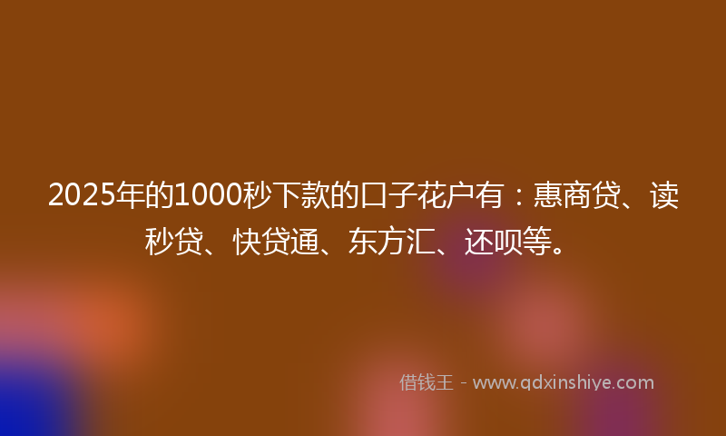 2025年的1000秒下款的口子花户有：惠商贷、读秒贷、快贷通、东方汇、还呗等。