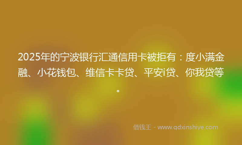 2025年的宁波银行汇通信用卡被拒有：度小满金融、小花钱包、维信卡卡贷、平安i贷、你我贷等。