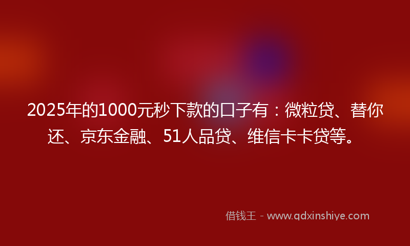 2025年的1000元秒下款的口子有：微粒贷、替你还、京东金融、51人品贷、维信卡卡贷等。