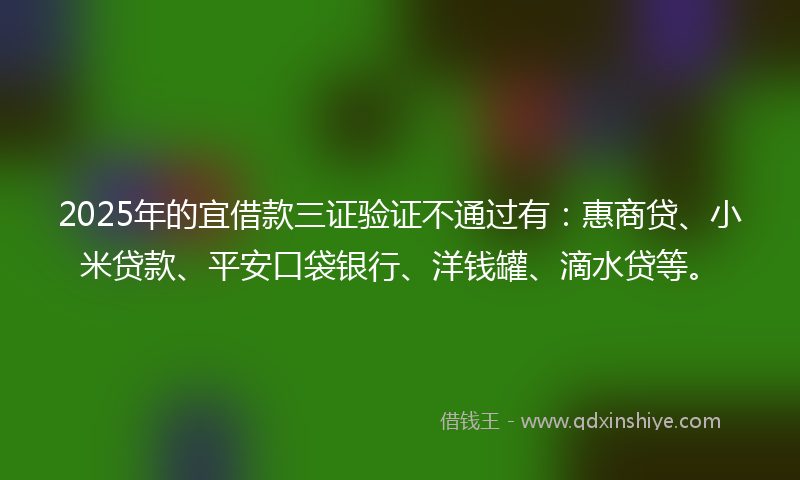 2025年的宜借款三证验证不通过有：惠商贷、小米贷款、平安口袋银行、洋钱罐、滴水贷等。