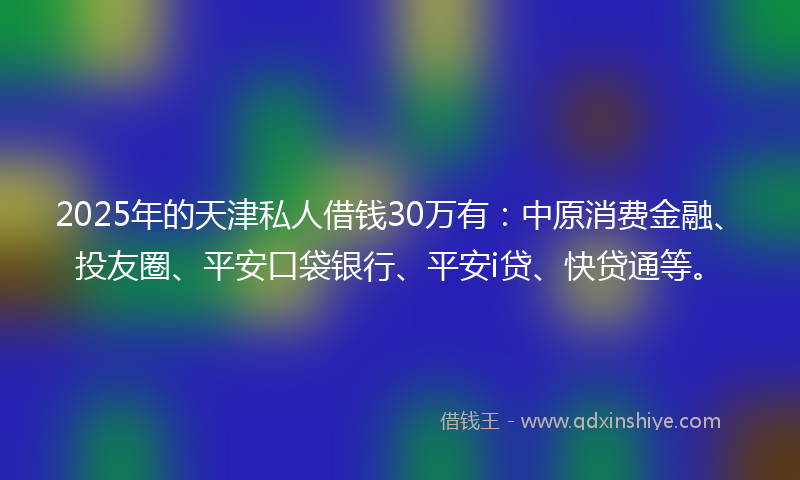 2025年的天津私人借钱30万有：中原消费金融、投友圈、平安口袋银行、平安i贷、快贷通等。