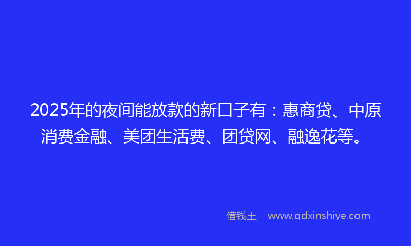 2025年的夜间能放款的新口子有：惠商贷、中原消费金融、美团生活费、团贷网、融逸花等。