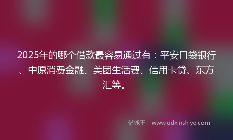 2025年的哪个借款最容易通过有：平安口袋银行、中原消费金融、美团生活费、信用卡贷、东方汇等。
