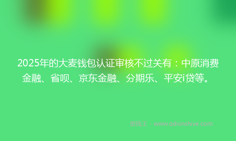 2025年的大麦钱包认证审核不过关有：中原消费金融、省呗、京东金融、分期乐、平安i贷等。