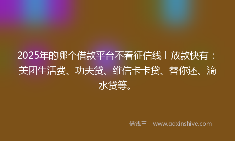 2025年的哪个借款平台不看征信线上放款快有：美团生活费、功夫贷、维信卡卡贷、替你还、滴水贷等。