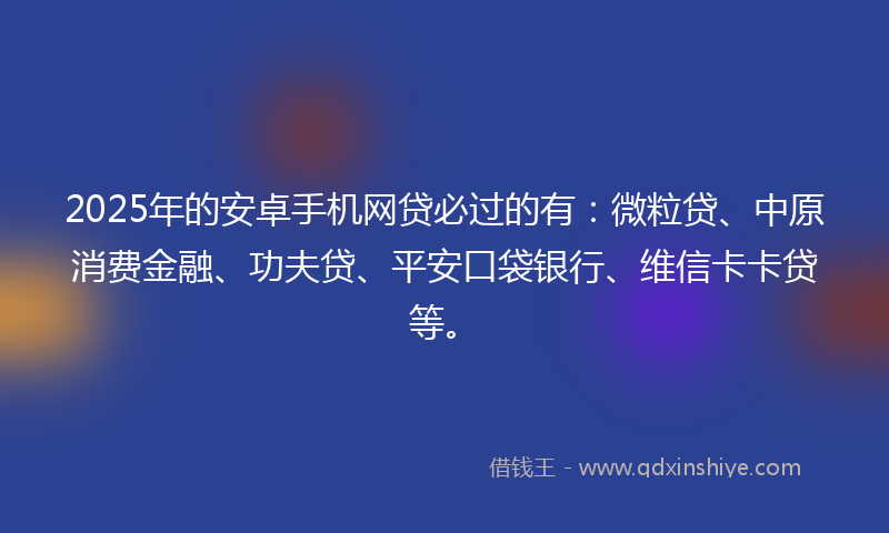 2025年的安卓手机网贷必过的有：微粒贷、中原消费金融、功夫贷、平安口袋银行、维信卡卡贷等。
