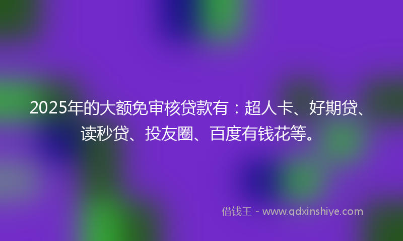 2025年的大额免审核贷款有：超人卡、好期贷、读秒贷、投友圈、百度有钱花等。