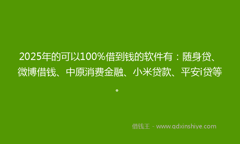 2025年的可以100%借到钱的软件有：随身贷、微博借钱、中原消费金融、小米贷款、平安i贷等。