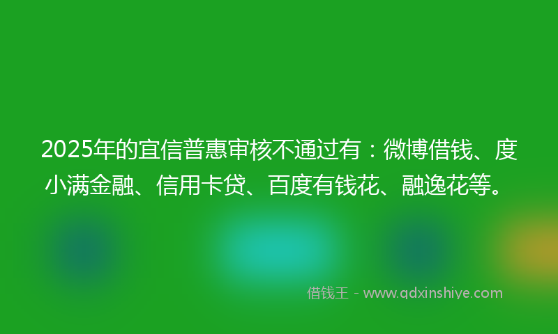 2025年的宜信普惠审核不通过有：微博借钱、度小满金融、信用卡贷、百度有钱花、融逸花等。