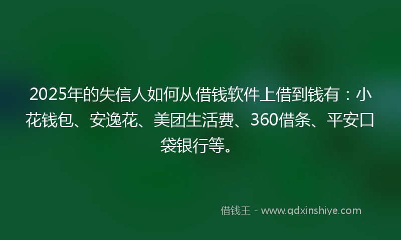 2025年的失信人如何从借钱软件上借到钱有：小花钱包、安逸花、美团生活费、360借条、平安口袋银行等。