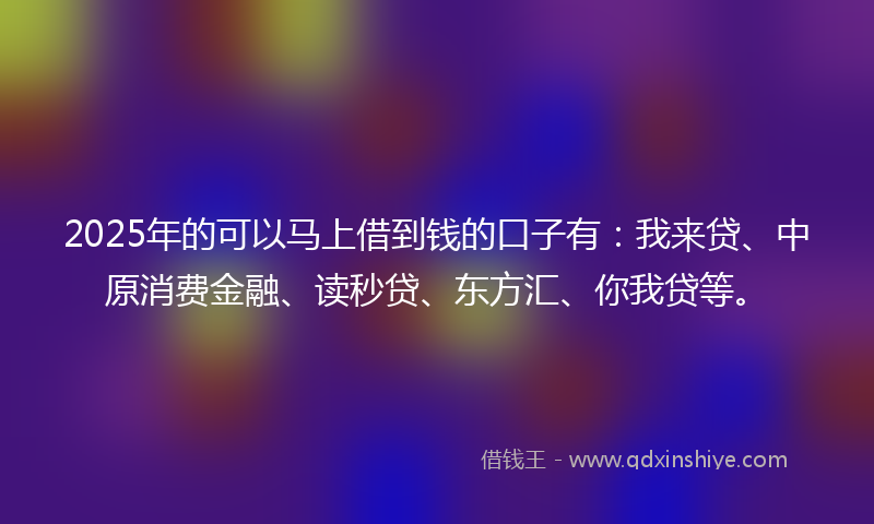2025年的可以马上借到钱的口子有：我来贷、中原消费金融、读秒贷、东方汇、你我贷等。