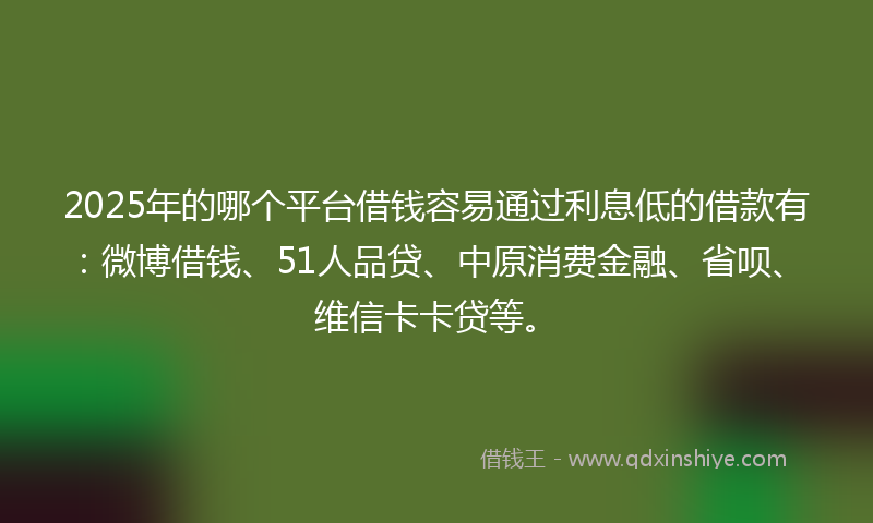 2025年的哪个平台借钱容易通过利息低的借款有：微博借钱、51人品贷、中原消费金融、省呗、维信卡卡贷等。