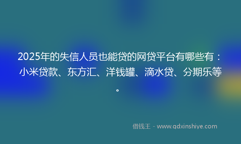2025年的失信人员也能贷的网贷平台有哪些有：小米贷款、东方汇、洋钱罐、滴水贷、分期乐等。