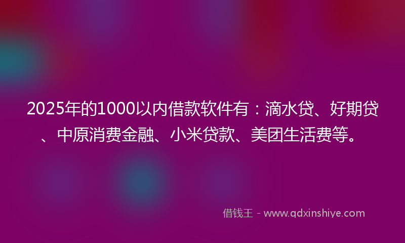 2025年的1000以内借款软件有：滴水贷、好期贷、中原消费金融、小米贷款、美团生活费等。