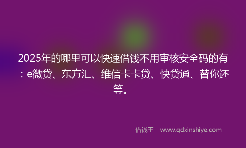 2025年的哪里可以快速借钱不用审核安全码的有：e微贷、东方汇、维信卡卡贷、快贷通、替你还等。