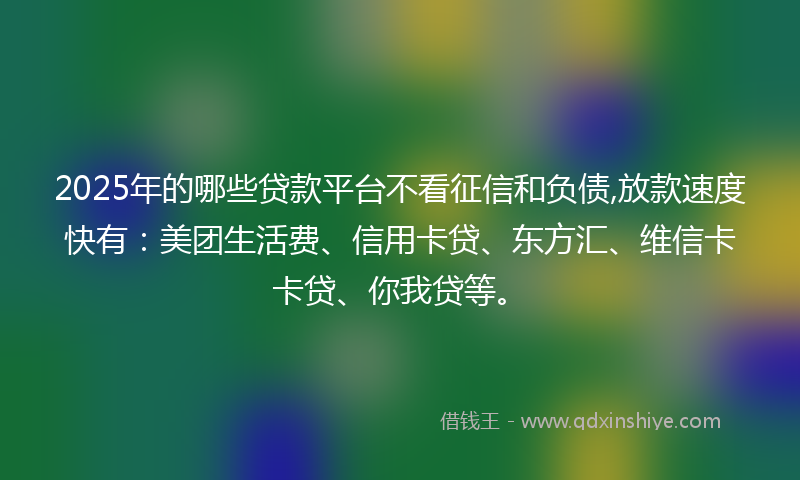 2025年的哪些贷款平台不看征信和负债,放款速度快有：美团生活费、信用卡贷、东方汇、维信卡卡贷、你我贷等。