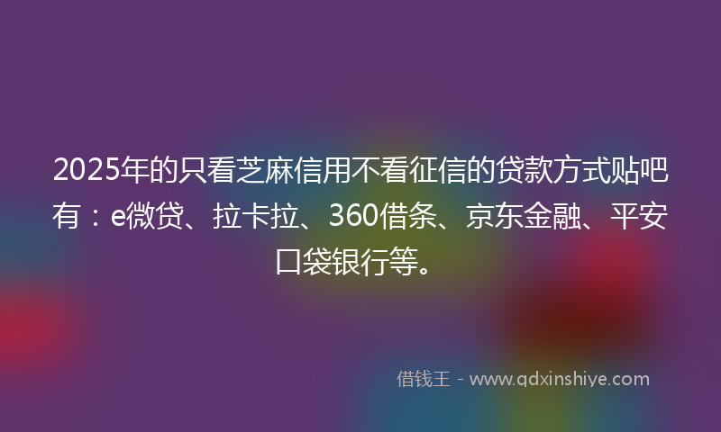 2025年的只看芝麻信用不看征信的贷款方式贴吧有：e微贷、拉卡拉、360借条、京东金融、平安口袋银行等。