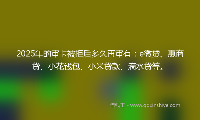 2025年的审卡被拒后多久再审有：e微贷、惠商贷、小花钱包、小米贷款、滴水贷等。