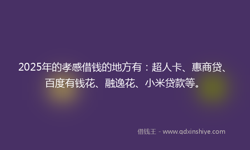 2025年的孝感借钱的地方有：超人卡、惠商贷、百度有钱花、融逸花、小米贷款等。