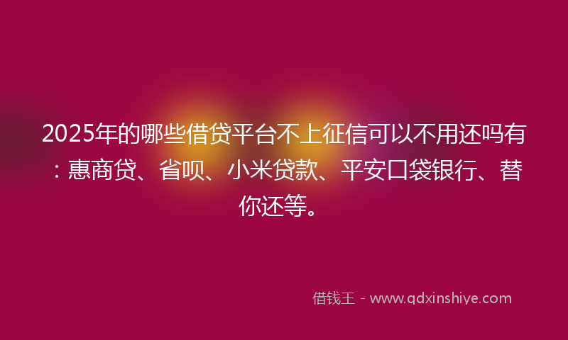 2025年的哪些借贷平台不上征信可以不用还吗有：惠商贷、省呗、小米贷款、平安口袋银行、替你还等。