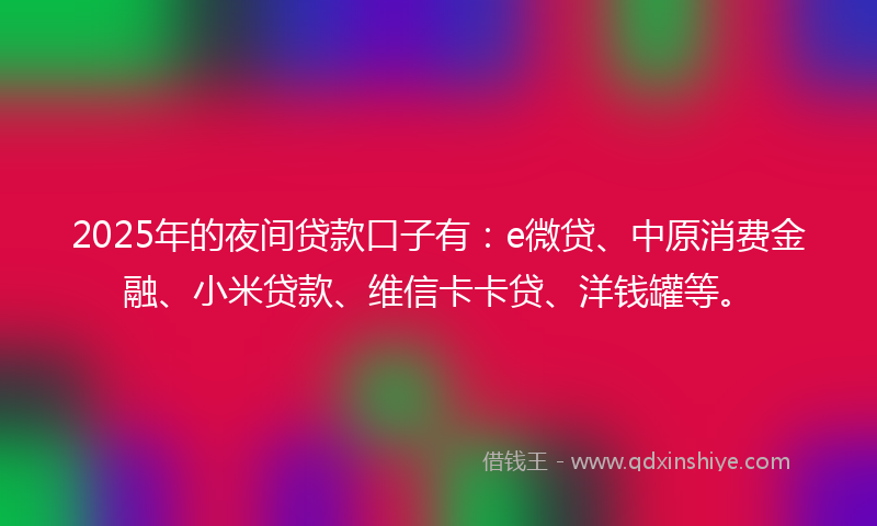 2025年的夜间贷款口子有：e微贷、中原消费金融、小米贷款、维信卡卡贷、洋钱罐等。