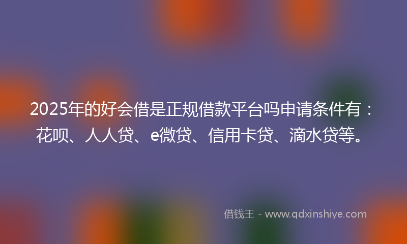 2025年的好会借是正规借款平台吗申请条件有：花呗、人人贷、e微贷、信用卡贷、滴水贷等。