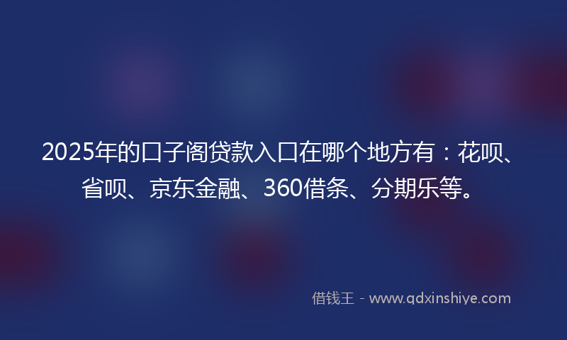 2025年的口子阁贷款入口在哪个地方有：花呗、省呗、京东金融、360借条、分期乐等。