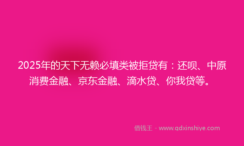 2025年的天下无赖必填类被拒贷有：还呗、中原消费金融、京东金融、滴水贷、你我贷等。