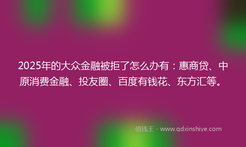 2025年的大众金融被拒了怎么办有：惠商贷、中原消费金融、投友圈、百度有钱花、东方汇等。