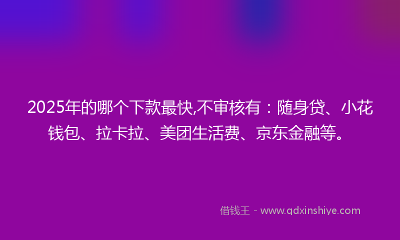 2025年的哪个下款最快,不审核有：随身贷、小花钱包、拉卡拉、美团生活费、京东金融等。