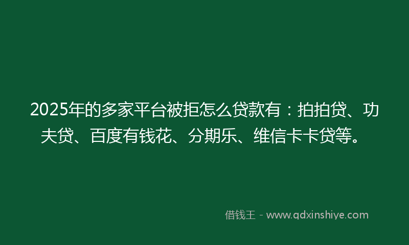2025年的多家平台被拒怎么贷款有：拍拍贷、功夫贷、百度有钱花、分期乐、维信卡卡贷等。