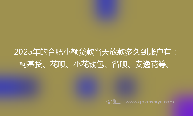 2025年的合肥小额贷款当天放款多久到账户有：柯基贷、花呗、小花钱包、省呗、安逸花等。
