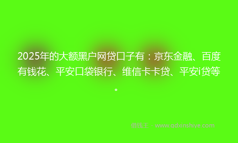 2025年的大额黑户网贷口子有：京东金融、百度有钱花、平安口袋银行、维信卡卡贷、平安i贷等。