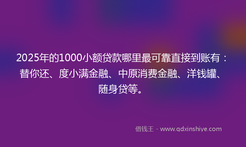 2025年的1000小额贷款哪里最可靠直接到账有：替你还、度小满金融、中原消费金融、洋钱罐、随身贷等。