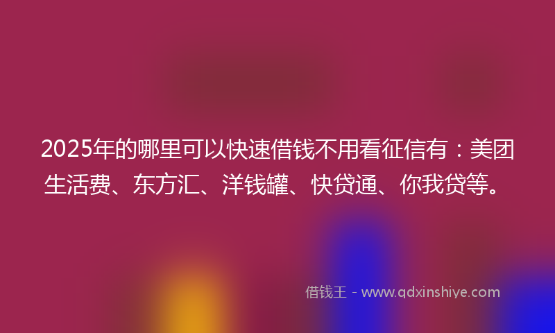 2025年的哪里可以快速借钱不用看征信有：美团生活费、东方汇、洋钱罐、快贷通、你我贷等。